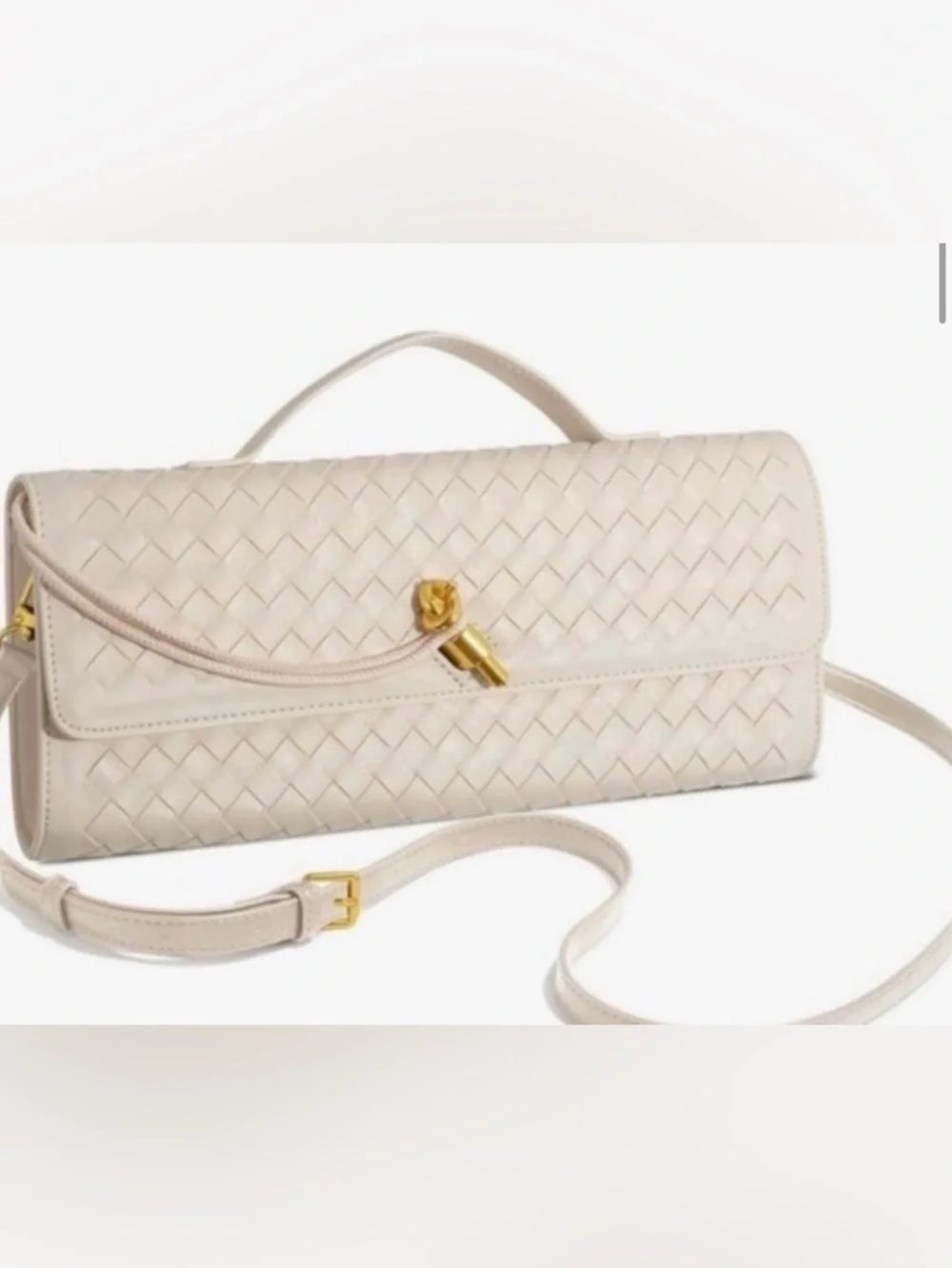 Woven Leather Clutch in Cream with Gold Knot Accent - Picture 6 of 6